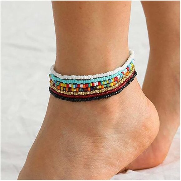 7pcs Handmade Beaded African Anklets Multicolor Women Stretch Seed Beads Rainbow - Picture 1 of 5
